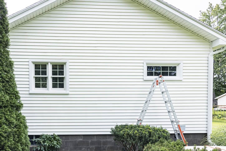 Ladder leaning against the white house exterior near a small window, with shrubs in front and a dark foundation wall.